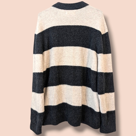 Everlane Black Cream Stripe Stretch Wool Rugby Polo Sweater XL Machine Washable - Picture 3 of 10